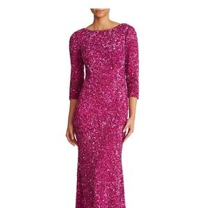 Gorgeous ruby colored Theia brand gown, perfect for holiday wedding or soirée!